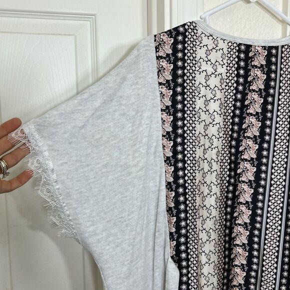 Vocal Cardigan Kimono Duster Short Sleeve Floral Back Tie Belt Lace Trim Large - Picture 8 of 12